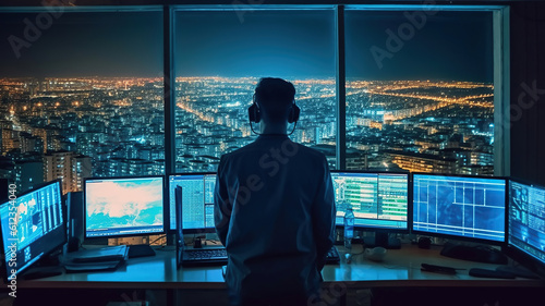 Back view Military Surveillance Officer Working on a City Tracking Operation in a Central Office Hub for Cyber Control and Monitoring for Managing National Security. Generative Ai