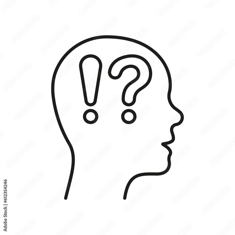 Man Confused Outline Symbol. Human Head with Question Mark, Exclamation Point Line Icon. Person Face in Profile View Curious and Doubt Linear Pictogram. Editable Stroke. Isolated Vector Illustration Man Confused Outline Symbol. Human Head with Question Mark, Exclamation Point Line Icon. Person Face in Profile View Curious and Doubt Linear Pictogram. Editable Stroke. Isolated Vector Illustration