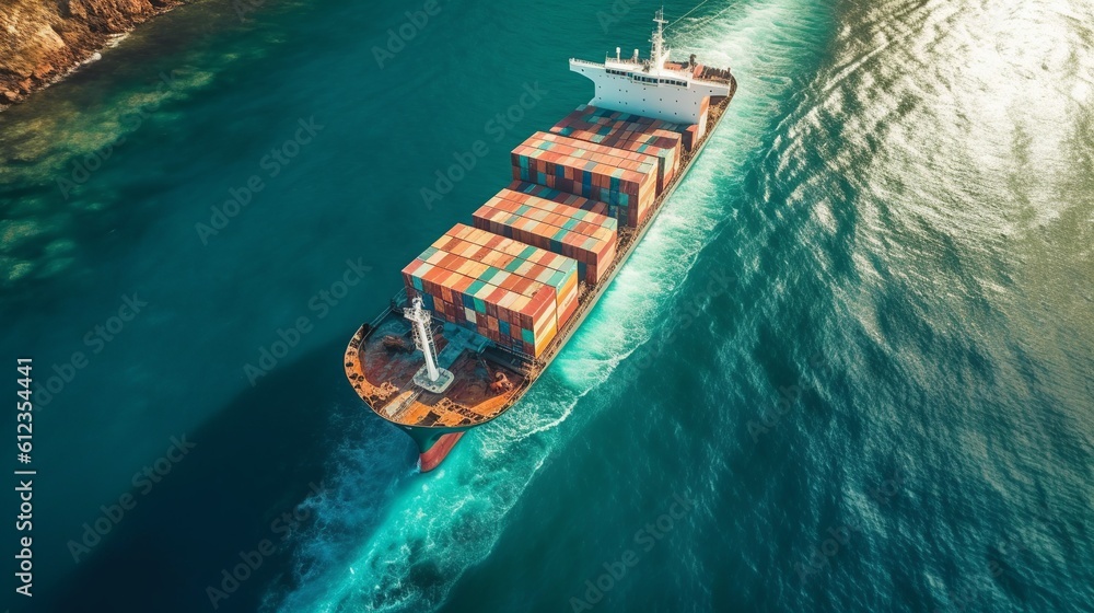A realistic aerial view photo with container cargo ship. Generative ai. 