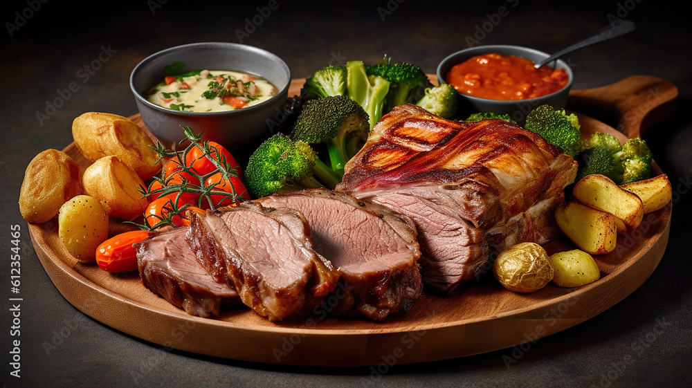 Beef rib roast with Yorkshire puddings and vegetables. Generative Ai Beef rib roast with Yorkshire puddings and vegetables. Generative Ai