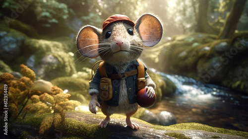 Cartoon mouse in the forest in hand. Generative AI