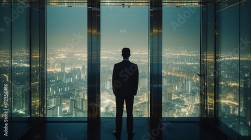 A man in a suit looks at the city through glass walls. Generative AI