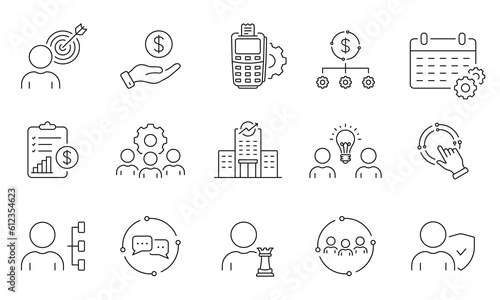 Management Strategy Line Icon Set. Teamwork in Business Linear Pictogram. Team Organization, Development, Partnership Outline Symbol. Human Resources. Editable Stroke. Isolated Vector Illustration