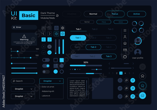 Basic system management UI elements kit. Editable isolated vector components. Navigation menu. Web design pack for mobile app, software with dark theme. Montserrat Light, Medium, Bold fonts used