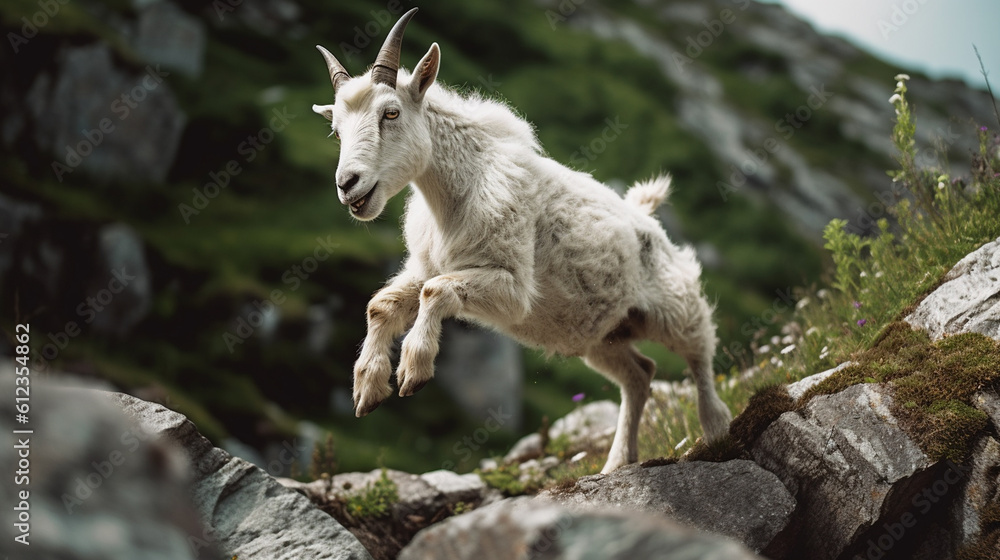 Naklejka premium The goat jumps on the rocks in the mountains. Generative AI