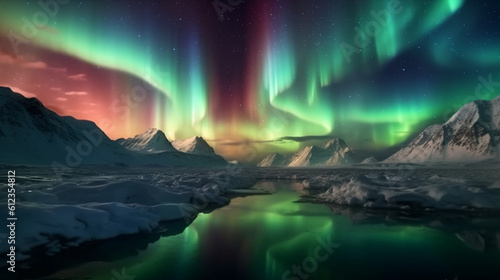 Northern lights in the snowy mountains. Generative AI © Daniel