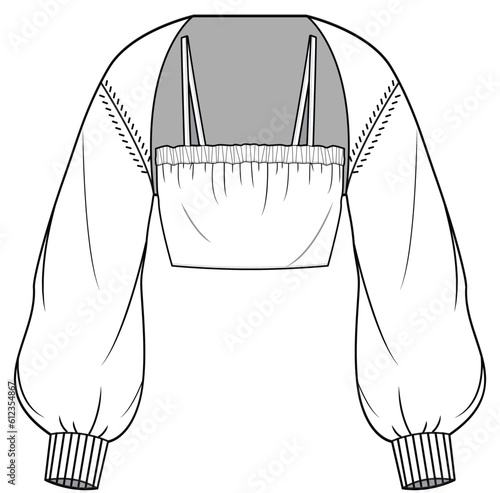 womens long sleeve bolero and bralette flat sketch vector illustration technical cad drawing template