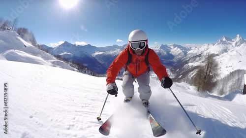 Skier in snowy mountains. Generative AI