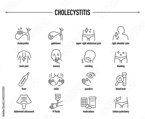 Cholecystitis symptoms, diagnostic and treatment vector icon set. Line editable medical icons. photo