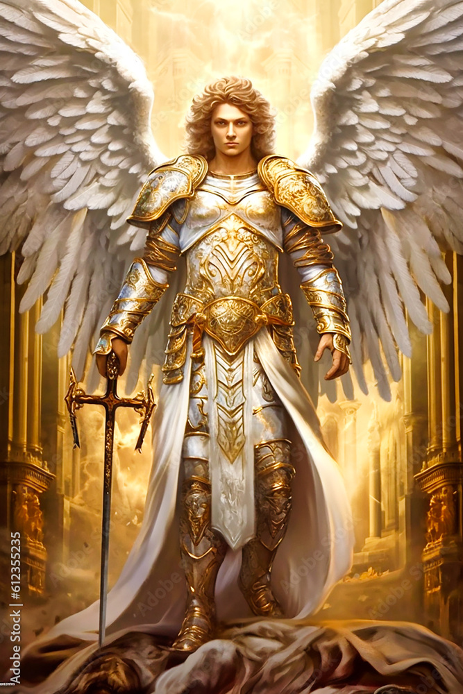 Fototapeta premium Graphic and biblical representation of the Archangel Michael. AI generativ.