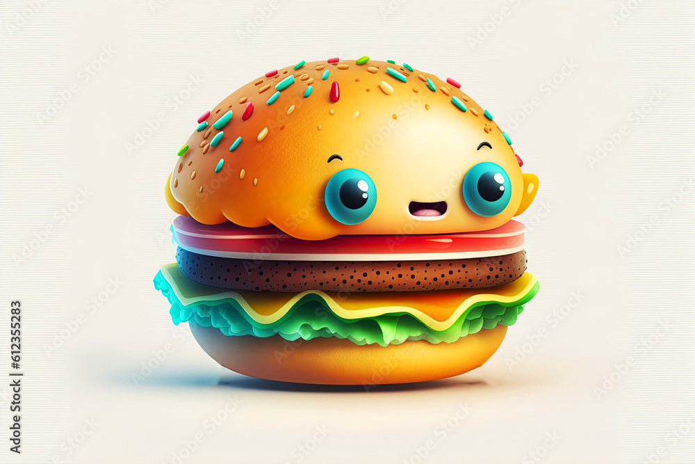 Generative AI illustration. Funny burger character. Cheerful fast food. isolate on white background Generative AI illustration. Funny burger character. Cheerful fast food. isolate on white background