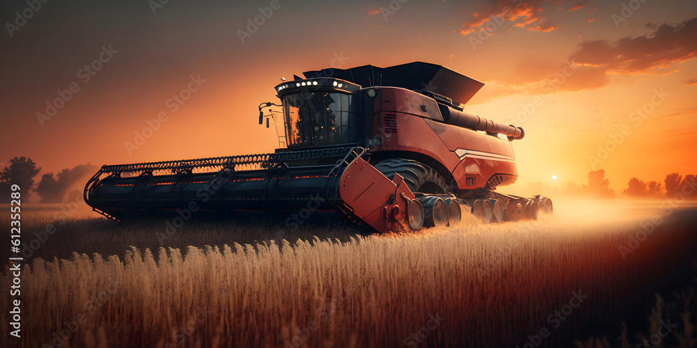 Fototapeta premium Combine harvester harvests ripe golden wheat, sunset. Banner agriculture. Generation AI