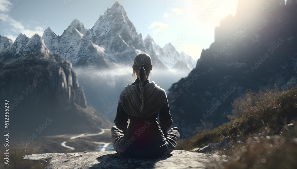 Back view Young woman sitting on rock meditating in nature mountain Alps sunrise. Generation AI Back view Young woman sitting on rock meditating in nature mountain Alps sunrise. Generation AI