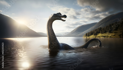 Loch Ness Monster Nessie in water lake. Generation AI photo
