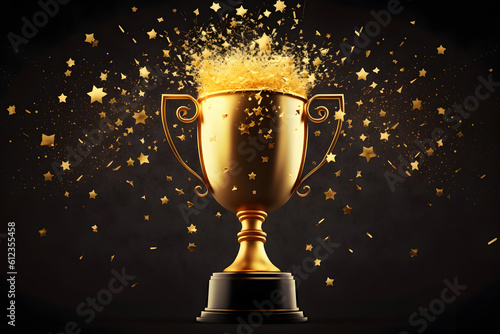 Champion golden trophy with gold stars on blue dark background. Generation AI.