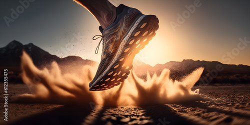 Photo Rear view closeup sport shoe of racer in running on trail with dust
