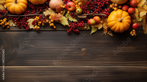 Thanksgiving background with autumn dried flowers  pumpkins and fall leaves on the old wooden background. Thanksgiving background with seasonal berries and fruits