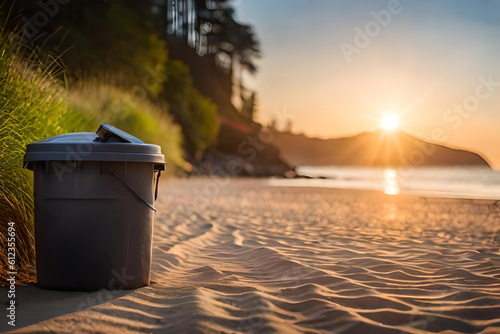 Garbage with a sunset view on the sand