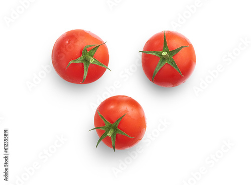 Three ripe juicy red tomatoes isolated against a transparent background photo