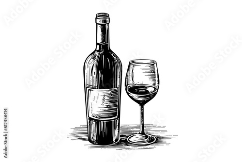 Wine bottle and glass. Hand drawn engraving sketch style vector illustrations.