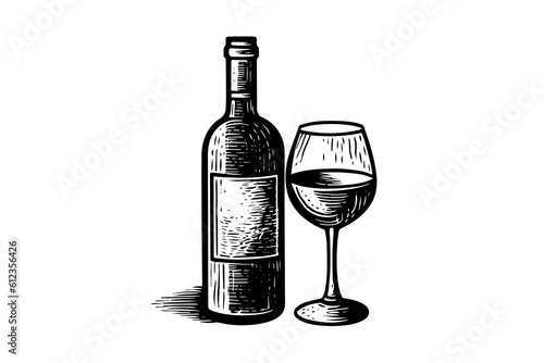 Wine bottle and glass. Hand drawn engraving sketch style vector illustrations.