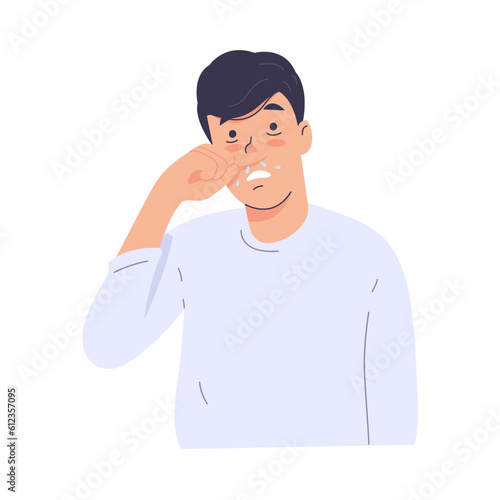 Man suffering from flu or allergies. Runny nose, sneezing, stuffy nose. Hand drawn vector character illustration. Isolated on white background.