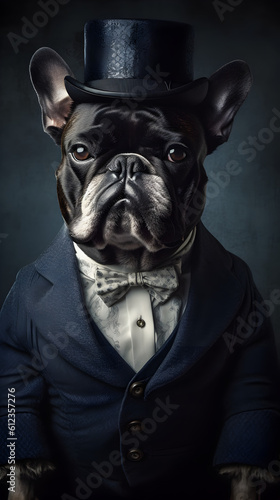 French Bulldog embodies elegance and refinement  dressed in dapper old money style clothes  exuding timeless sophistication and aristocratic flair. Generative AI.