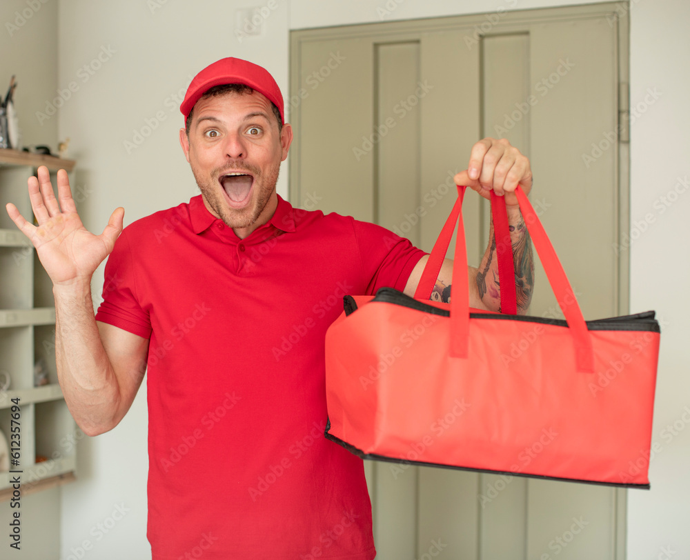 feeling happy and astonished at something unbelievable. pizza delivery take away feeling happy and astonished at something unbelievable. pizza delivery take away