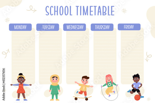 Flat template school timetable with international children