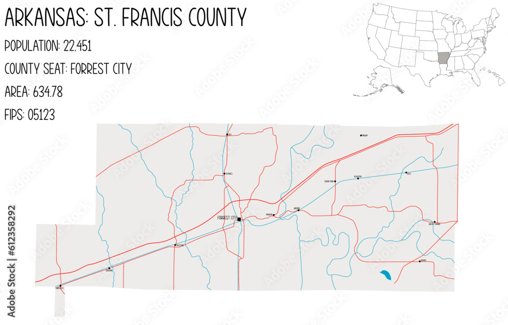 Obraz premium Large and detailed map of St. Francis County in Arkansas, USA.