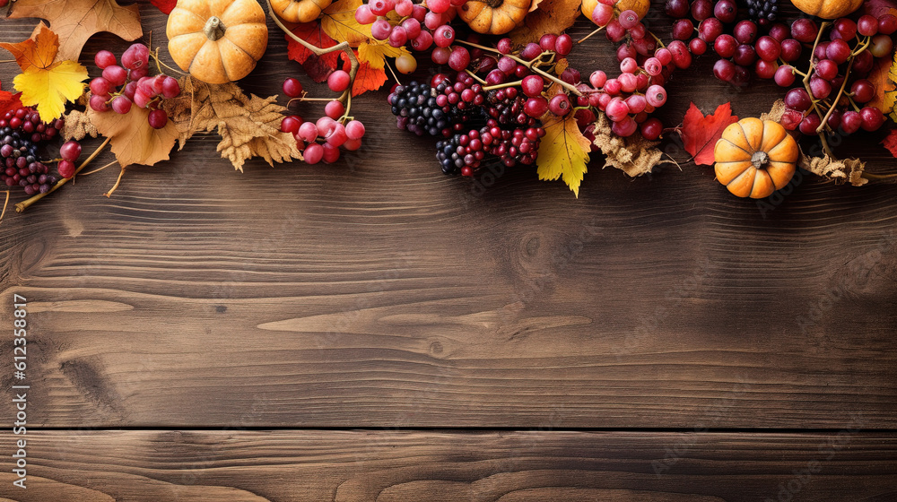 Thanksgiving background with autumn dried flowers, pumpkins and fall leaves on the old wooden background. Thanksgiving background with seasonal berries and fruits Thanksgiving background with autumn dried flowers, pumpkins and fall leaves on the old wooden background. Thanksgiving background with seasonal berries and fruits