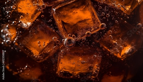 Close up on Ice Cubes in Cold Coke Beverage Generative AI photo