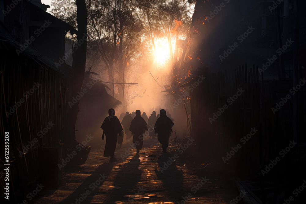 Silhouettes of people walking down the alley