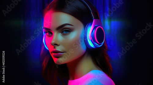 Stylish Caucasian Woman with Headphones in Neon-lit Studio. Generative AI