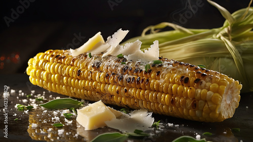 Grilled corn on the cob with herb butter and Parmesan. Generative Ai photo