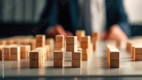 Strategic Management: Man Contemplating Wooden Cubes. Generative AI
