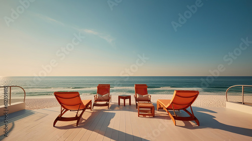 a luxury gulf coast resort with lounge chairs. Generative Ai