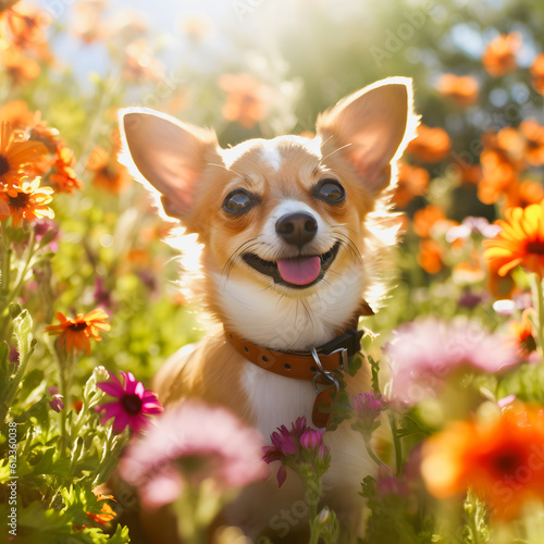 Whimsical Chihuahua in a Flower Field  Enchanting Image of Pet Surrounded by Blooms