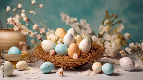 Easter eggs with sweets and flowers on beige. Happy Easter concept. White and blue eggs and cute nest with candy. Generative Ai