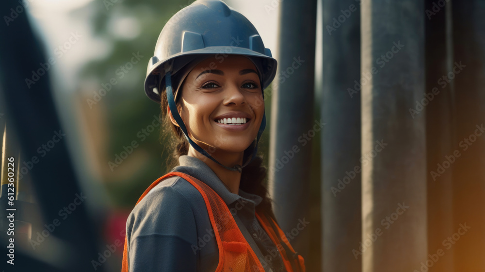 Cheerful Blue-Toned Construction Worker in Reflective Vest. Generative AI Cheerful Blue-Toned Construction Worker in Reflective Vest. Generative AI
