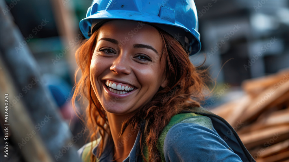Safety First: Reflective Vest and Petzl Helmet on Female Worker. Generative AI Safety First: Reflective Vest and Petzl Helmet on Female Worker. Generative AI