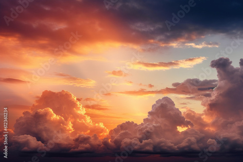 Sunset with large clouds and orange light. Generative AI illustration