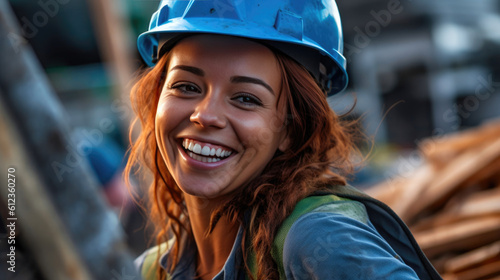Safety First: Reflective Vest and Petzl Helmet on Female Worker. Generative AI © Andrii 