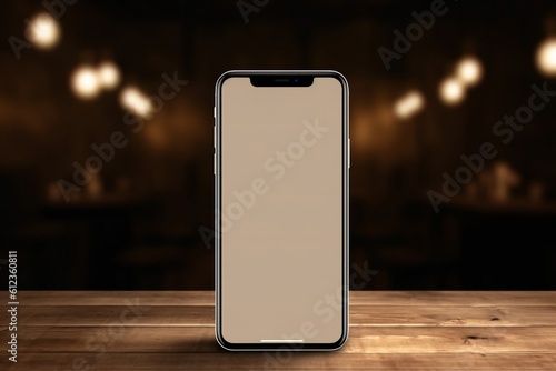 Mobile phone screen mockup on wood table