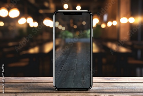 Mobile phone screen mockup on wood table