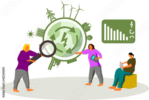 Experten Team - Figuren analysieren den Energieverbrauch und die Verteilung