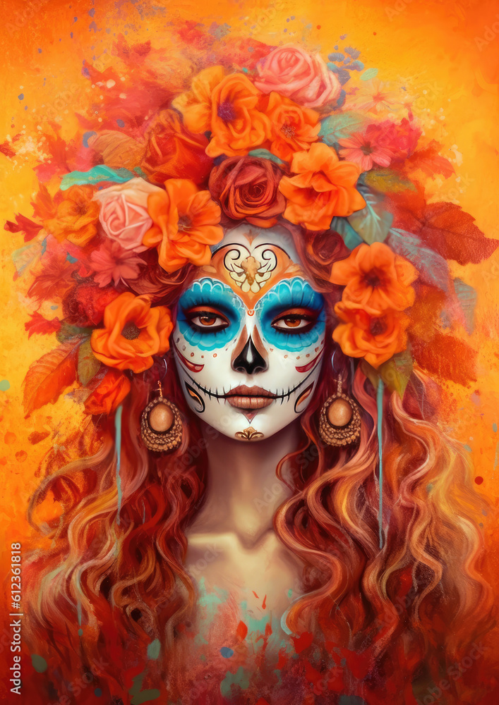 Calavera Catrina holding a skull over dark scary background. Sugar skull makeup. Dia de los muertos. Day of The Dead. Halloween.