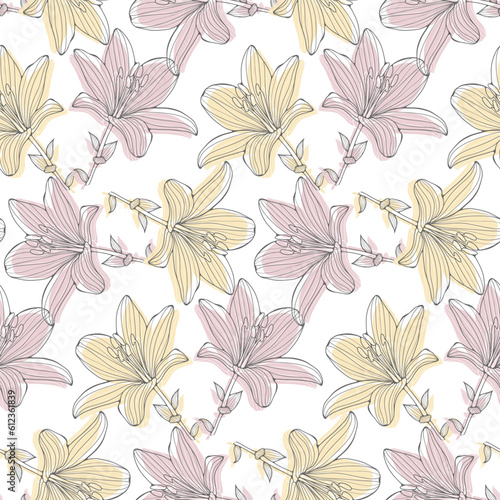 Floral seamless pattern with pink and yellow lilies. Pattern for textiles, wrapping paper, wallpapers, covers, backgrounds, decor