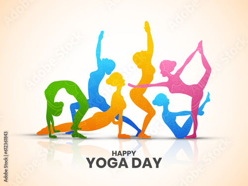Colorful creative vector illustration of women different yoga postures for International Yoga Day celebration.