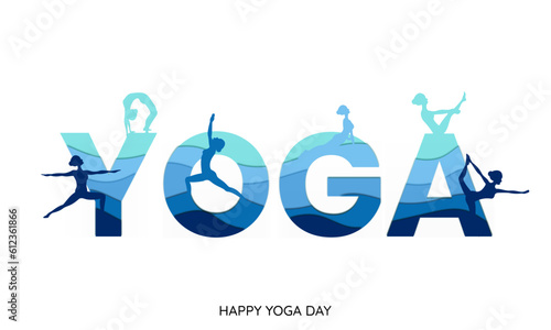 Beautiful ocean blue paper cut creative typography of YOGA and illustration of women posture for Happy Yoga Day.